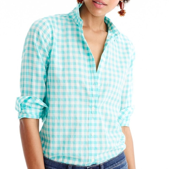 J. Crew Tops - J. Crew Crinkle Gingham Boy Shirt teal white sz 6
